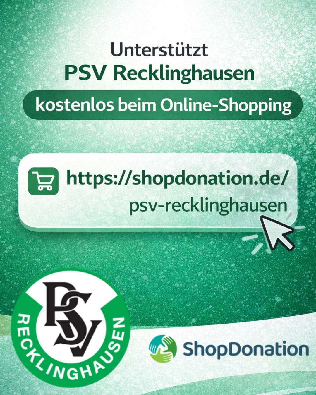 Aufruf: Unterstützt PSV Recklinghausen kostenlos beim Online-Shopping, https://shopdonation.de/psv-recklinghausen, mit dem Emblem der PSV und dem Logo von ShopDonation